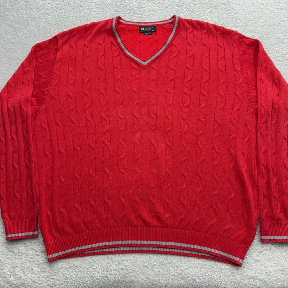 St Croix Mens XL Red‎ V-Neck Cable Knit Sweater Made in USA Cotton Blend 8885
